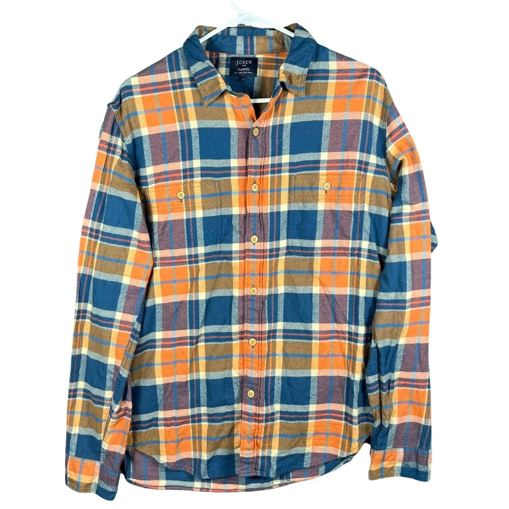 J Crew Flannel Plaid Button‎ Down Shirt Long Sleeve Men Large Orange Blue Brown
